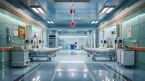 Interior of emergency room in modern clinic with empty hospital beds, Nurses station and various medical equipment photo