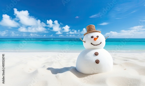 snowman on the beach under blue sky