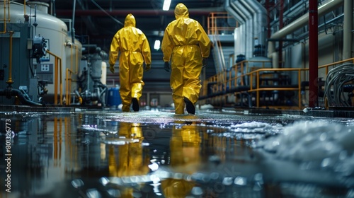 Decontamination Area: A real photo shot of a designated decontamination area where workers undergo thorough cleaning procedures after exposure to chemical spills. photo