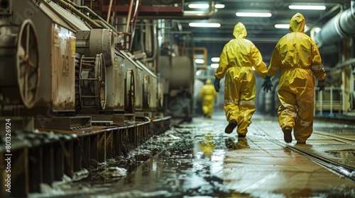 Decontamination Area: A real photo shot of a designated decontamination area where workers undergo thorough cleaning procedures after exposure to chemical spills. photo