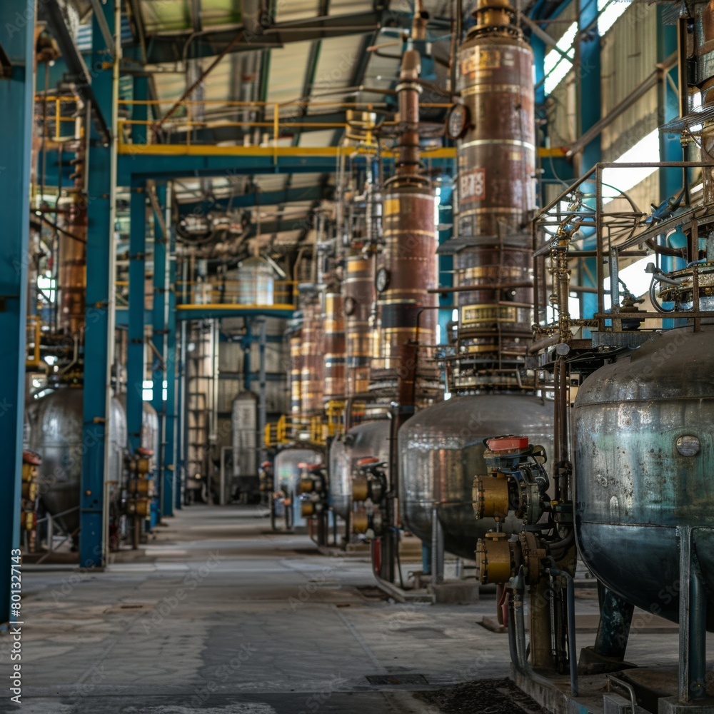 Naklejka premium Distillation Towers: A real photo shot of distillation towers at work, where crude oil is separated into various components based on boiling