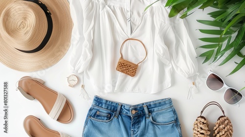 Against a white background, a feminine summer fashion composition features a blouse, slippers, purse, sunglasses, watch, and jean shorts. Flat lay, minimalist clothing collage from above. © Zahid