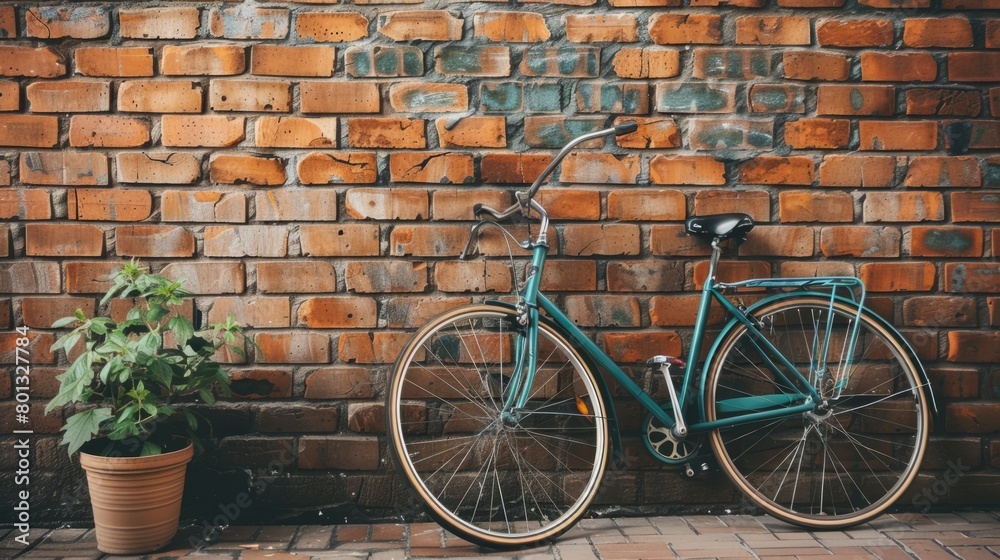 bicycle leaning against brown brick wall with copy space, vintage color tone. world bicycle day background concept.