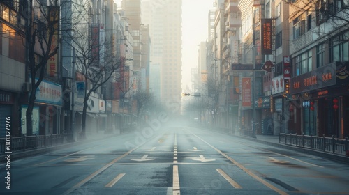 Economic Disruption: A real photo illustrating deserted streets and closed businesses due to the economic impact of the PM 2.5 dust crisis, emphasizing the financial losses incurred.