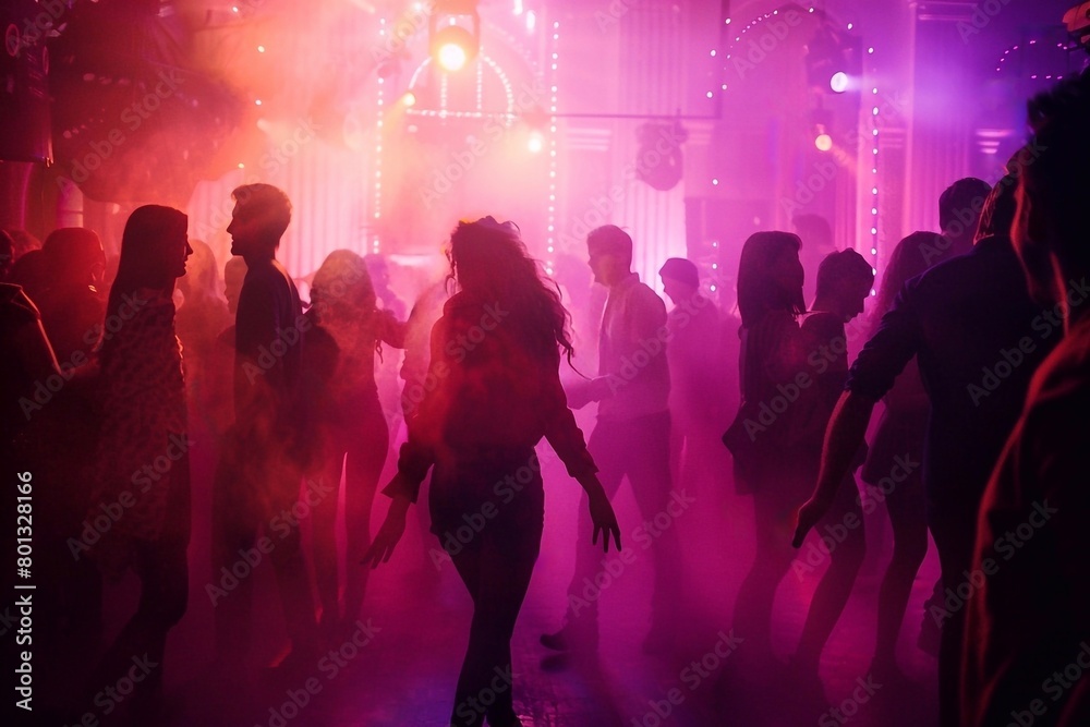Silhouette of dancing people at night club with colorful lights and smoke.