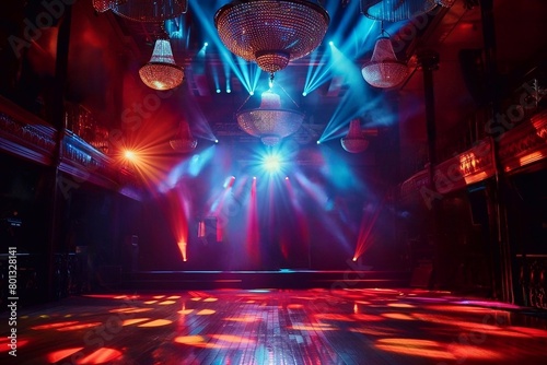 Colorful lighting effect on stage in a nightclub with large chandeliers on the ceiling. Abstract background © Oleh