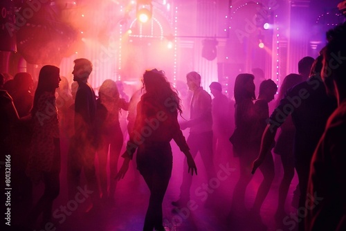 Silhouette of dancing people at night club with colorful lights and smoke.