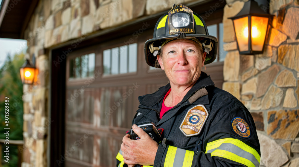 Obraz premium A confident female firefighter stands in front of a residential building, fully equipped with her helmet and radio, ready for duty.