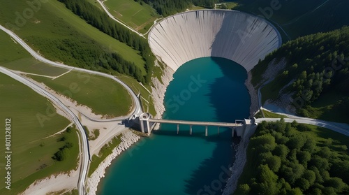 Water dam and reservoir lake aerial panoramic view in French Alps mountains.generative.ai photo