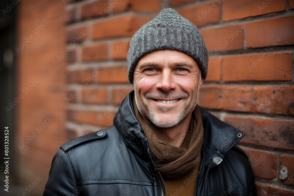 Portrait of a happy man in his 50s donning a warm wool beanie over vintage brick wall Portrait of a happy man in his 50s donning a warm wool beanie over vintage brick wall