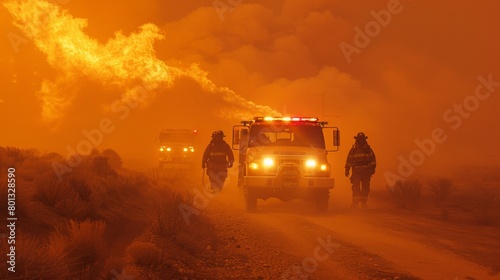 Emergency Response: A real photo showing emergency responders providing assistance during a dust storm or wildfire caused by the PM 2.5 dust crisis, highlighting the need for swift action. photo