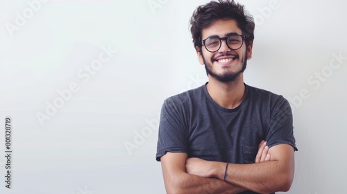 His arms folded, grin, and glasses-wearing Latin hipster on a white background © Zahid