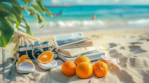 Concept of leisure and summer vacation: book, film camera, slippers, and string bag of oranges on the sand of the beach