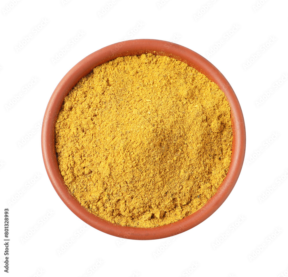 Curry powder in bowl isolated on white, top view Curry powder in bowl isolated on white, top view