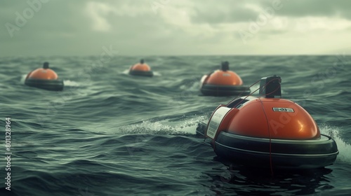 Autonomous rescue robots assisting in search and rescue missions at sea, locating lost vessels and stranded sailors.