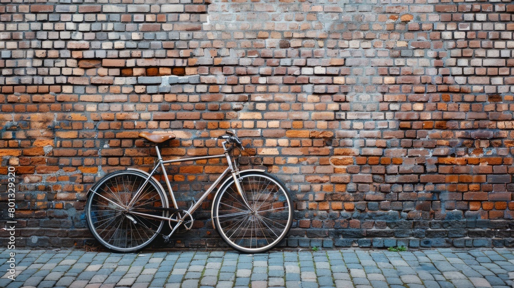 bicycle leaning against brown brick wall with copy space, vintage color tone. world bicycle day background concept. bicycle leaning against brown brick wall with copy space, vintage color tone. world bicycle day background concept.