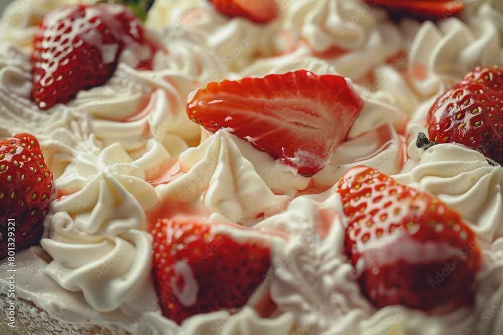 Top view of delicious strawberries and cream. Whipped cream and strawberry background Top view of delicious strawberries and cream. Whipped cream and strawberry background