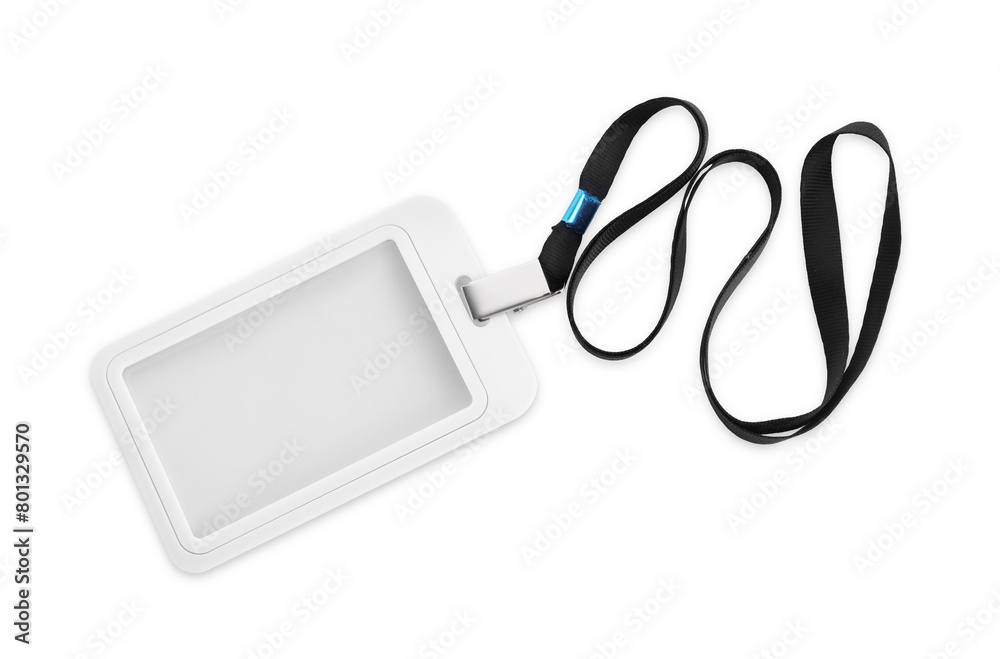 Blank badge with black string isolated on white, top view Blank badge with black string isolated on white, top view