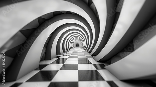 Abstract monochrome tunnel with a hypnotic spiral design, creating a strong visual illusion and depth.