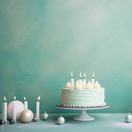 Mint Green background with birthday cake with candles pastel backdrop empty blank copyspace for design text photo website web banner backdrop texture