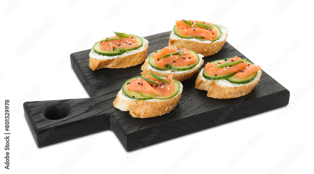 Tasty canapes with salmon, cucumber and cream cheese isolated on white Tasty canapes with salmon, cucumber and cream cheese isolated on white