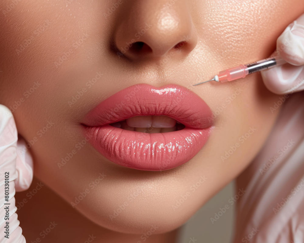 Professional studio photo of a Beautiful woman getting her lips a Botox injection.