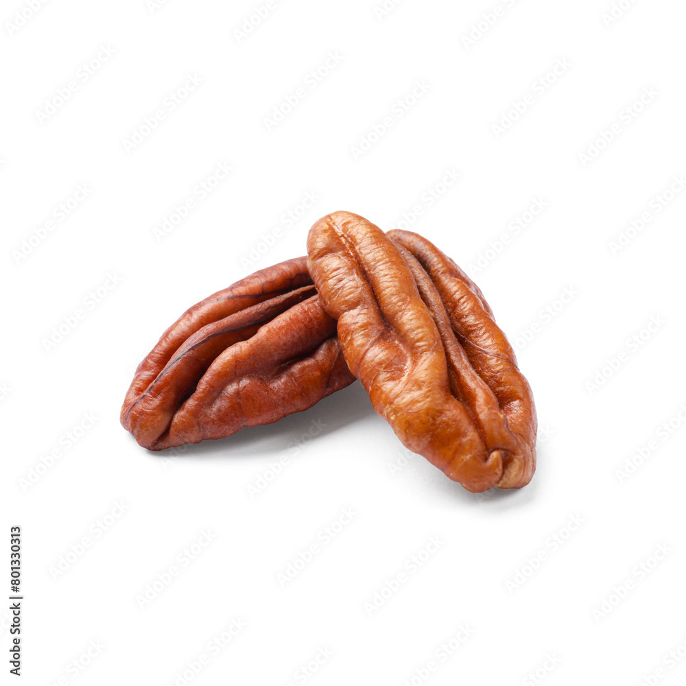 Two tasty pecan nuts isolated on white