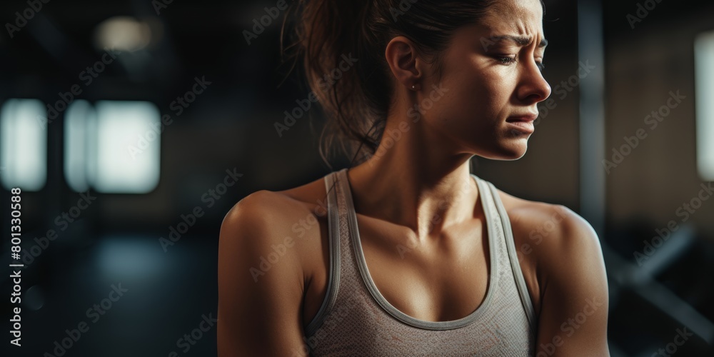 Closeup of a Caucasian woman cradling her injured shoulder in the gym. Female athlete with terrible arm injury from shattered joint and workout muscle inflammation.