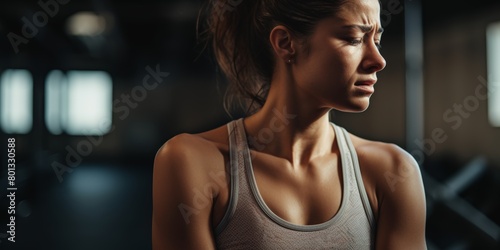 Closeup of a Caucasian woman cradling her injured shoulder in the gym. Female athlete with terrible arm injury from shattered joint and workout muscle inflammation.