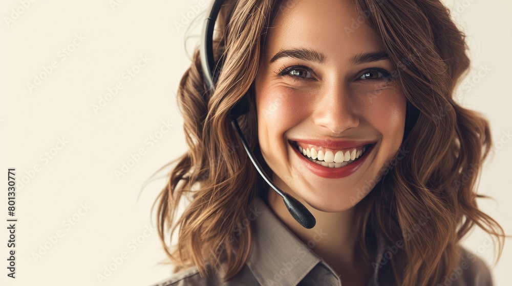 Closeup of happy Caucasian contact center telemarketing agent with wide smile using headset at office. Confident, friendly businesswoman working helpdesk for customer and sales support Closeup of happy Caucasian contact center telemarketing agent with wide smile using headset at office. Confident, friendly businesswoman working helpdesk for customer and sales support