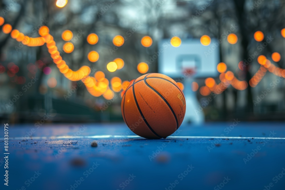 Outdoor summer basketball practice on a sports court. Closeup of orange ball for athlete team to perform fitness and workout outside stadium. Outdoor summer basketball practice on a sports court. Closeup of orange ball for athlete team to perform fitness and workout outside stadium.
