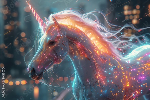 Capture a luminous unicorn, adorned with glowing circuit patterns, investigating a holographic map of a cyberpunk cityscape with a mix of wonder and curiosity photo