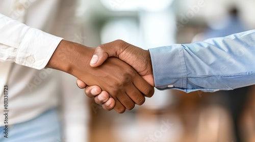 Professional handshakes and office greetings, welcomes, and agreements. Closeup of man and woman shaking hands in the workplace for collaboration, transaction, or thank you.