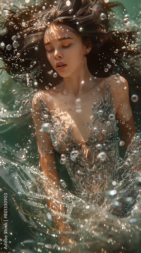 Capture the elegance of underwater fashion trends with a close-up shot of a model in a shimmering, iridescent gown, surrounded by flowing seaweed and ethereal jellyfish Use innovative lighting techniq Capture the elegance of underwater fashion trends with a close-up shot of a model in a shimmering, iridescent gown, surrounded by flowing seaweed and ethereal jellyfish Use innovative lighting techniq