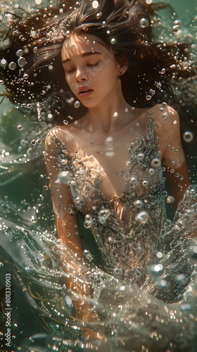 Capture the elegance of underwater fashion trends with a close-up shot of a model in a shimmering, iridescent gown, surrounded by flowing seaweed and ethereal jellyfish Use innovative lighting techniq