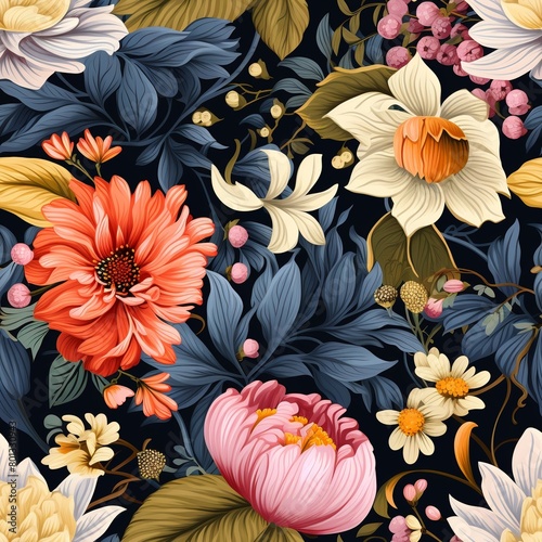 A beautiful floral pattern with a dark blue background