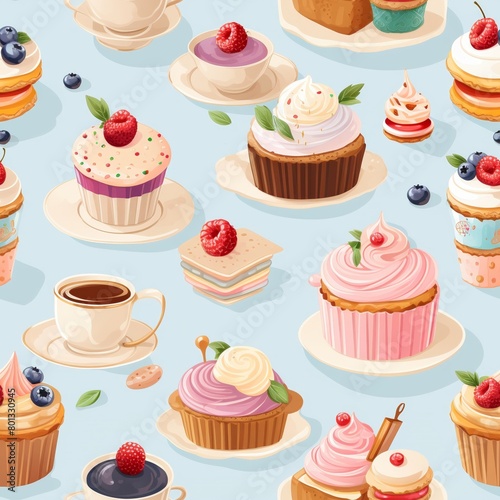 A variety of cupcakes and pastries are arranged on a blue background. The cupcakes are topped with different colored frosting, sprinkles, and fruit.