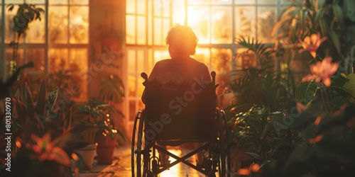 Elderly wheelchair user looks out window. Women and pensioners in living room with sunset. Sadness, longing and depressed for mental health, reminiscing and background.