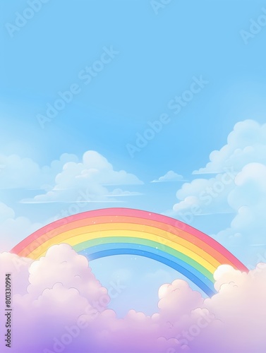 A soft digital illustration of a bright rainbow arcing over fluffy pink clouds against a serene blue sky.
