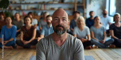 Multicultural meditation group for mindfulness and spirituality in a studio. Sitting, deep breathing, and religion for mental health, burnout, zen, quiet, and stress-free living. Soul, body, mind
