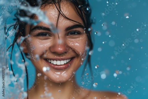 Funny woman washing face or splashing water in relaxing healthcare wellness or grooming hygiene cleaning on blue background. Facial dermatology: smile, beauty model, or moist water drops © LukaszDesign