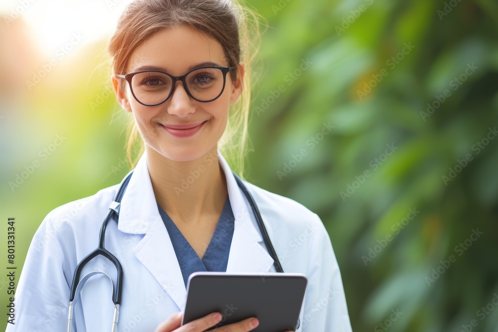 A happy young Hispanic doctor uses a tablet in her office while wearing a labcoat. Wellbeing depends on physical health. Doctor of mixed race using wireless gadget at hospital A happy young Hispanic doctor uses a tablet in her office while wearing a labcoat. Wellbeing depends on physical health. Doctor of mixed race using wireless gadget at hospital