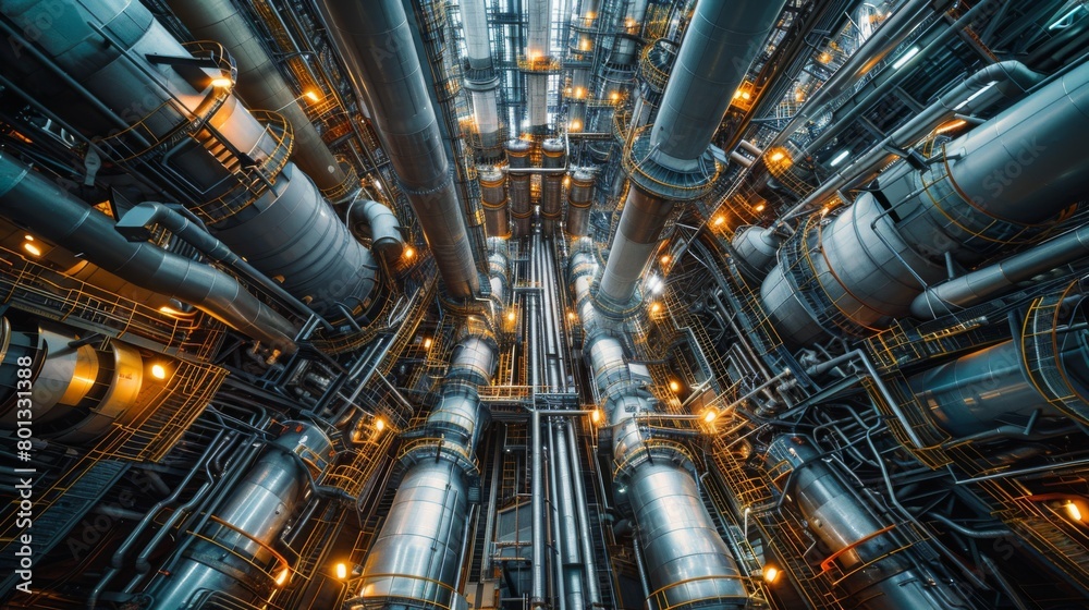 Fractionation Towers: Real photo shot capturing the fractionation process inside towering distillation columns, where crude oil is separated into various components like gasoline, diesel, and jet fuel Fractionation Towers: Real photo shot capturing the fractionation process inside towering distillation columns, where crude oil is separated into various components like gasoline, diesel, and jet fuel