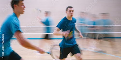 Two athletic squash players on a copyspace court. At the sports center, fit Caucasian and mixed-race men compete and train. Fit cardio and blur