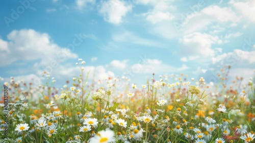 A field of vibrant daisies blooms under a blue sky dotted with fluffy clouds, creating a picturesque natural landscape for people to enjoy among the grass and wildflowers
