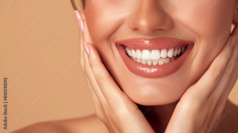 Obraz premium Wellness with a smile: hands, mouth, and beauty with a model woman in studio on beige. Cosmetics, skincare, and joyful pose with a woman promoting natural products