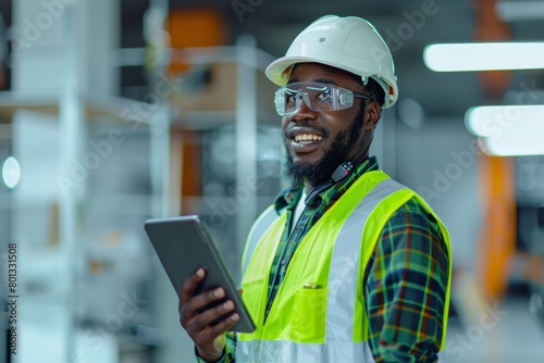engineers, walkie talkies, and black men construction workers, contractors, and architecture logistics safety managers. The African man, digital tech, and online maintenance communication