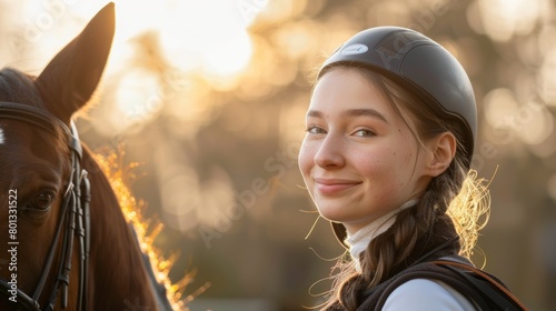 Equestrian, horse riding, and a lady on a ranch for sports, training, or recreation. Smile, competition, or joyful young rider in uniform with her stallion or mare outdoors © LukaszDesign
