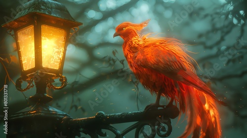 Craft a side view of a phoenix detective perched atop a gritty streetlamp, fiery plumage muted by noir shadows, emanating an air of intrigue for a mythical noir graphic novel cover!