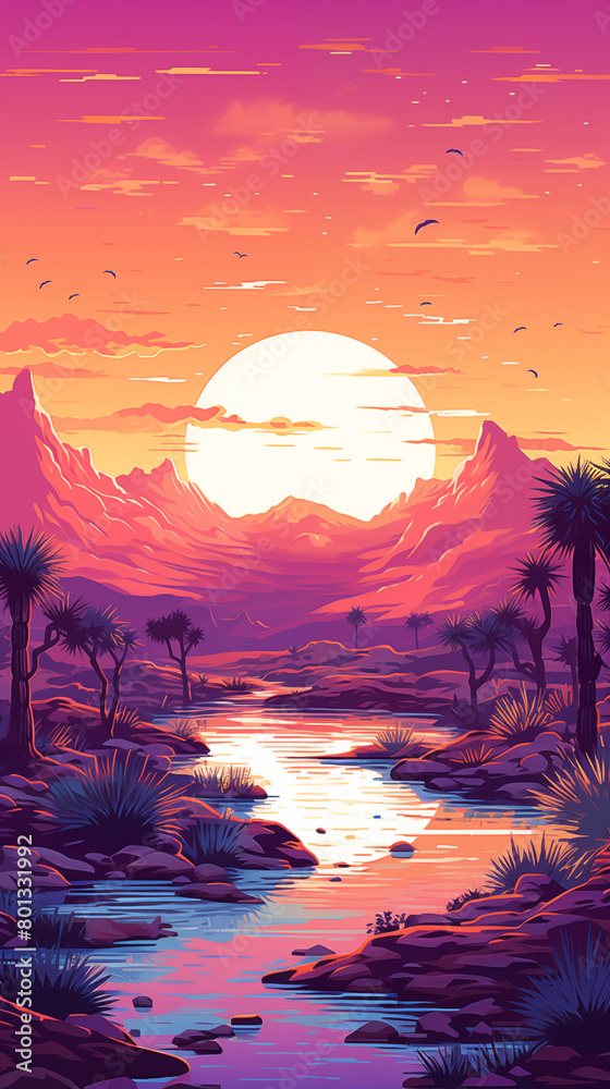 Majestic Desert Sunset Illustration with Palm Trees and River Reflection